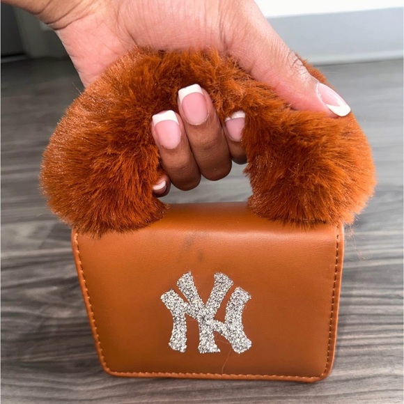 Orange Faux Fur Handle Bag with NY Logo - Picture 3 of 9